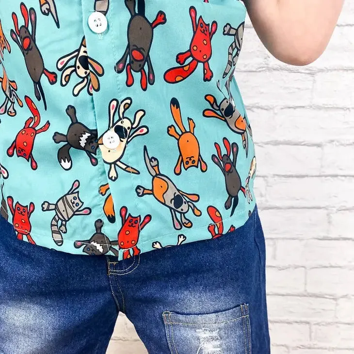 Raining Cats & Dogs Teal Woven Button Down