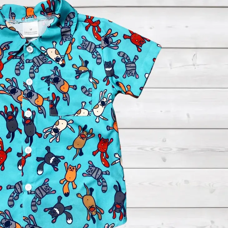 Raining Cats & Dogs Teal Woven Button Down