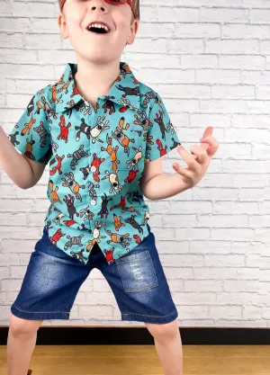 Raining Cats & Dogs Teal Woven Button Down