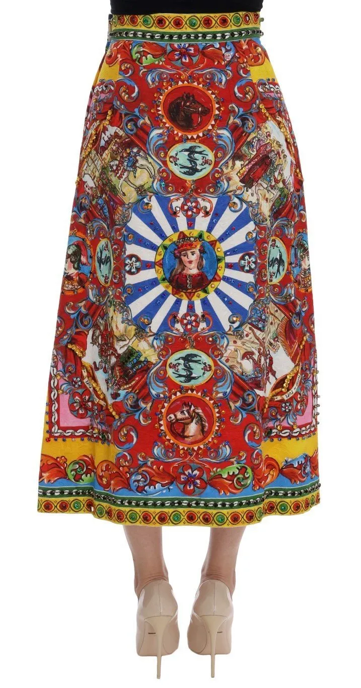 Red Carretto Print Brocade Crystal Skirt