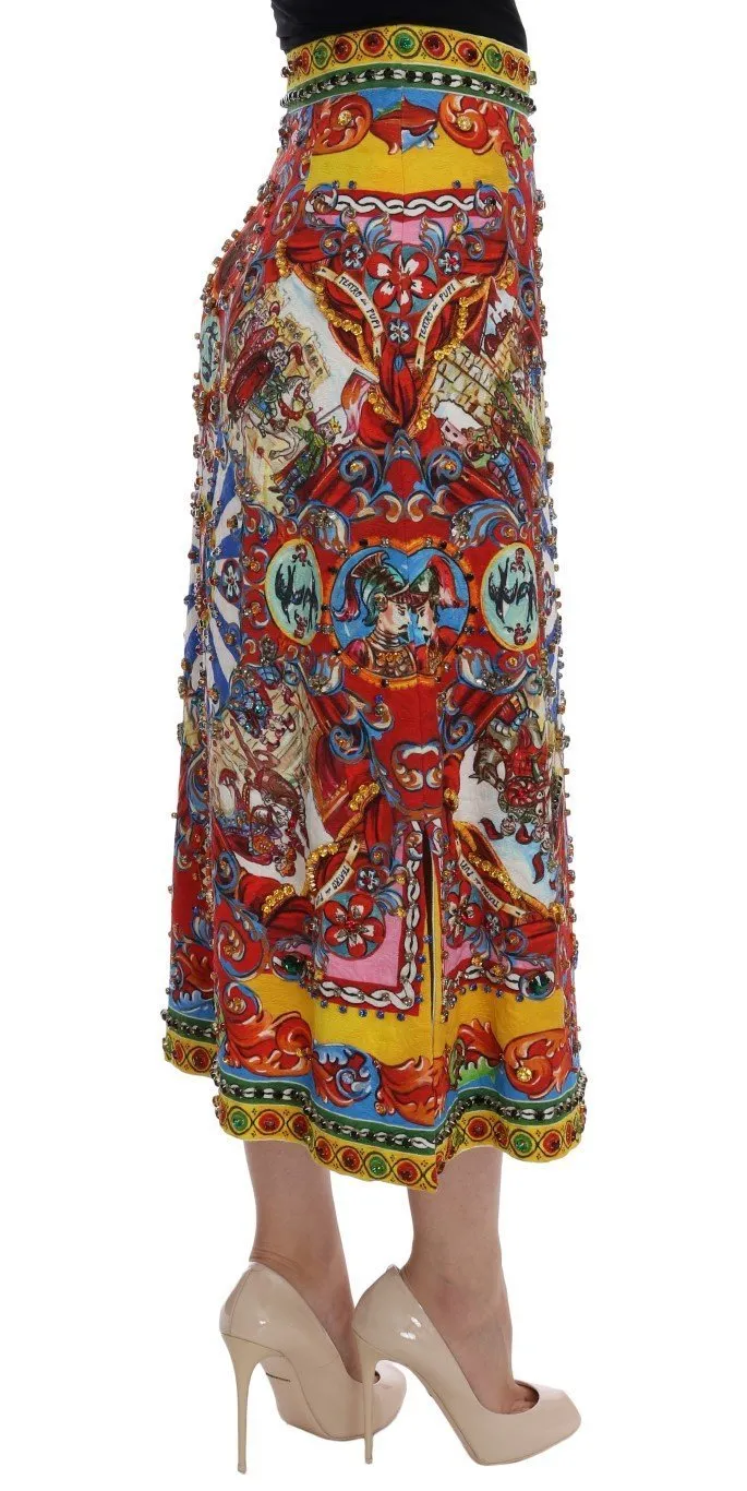 Red Carretto Print Brocade Crystal Skirt