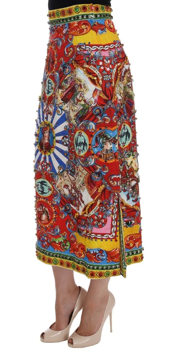 Red Carretto Print Brocade Crystal Skirt