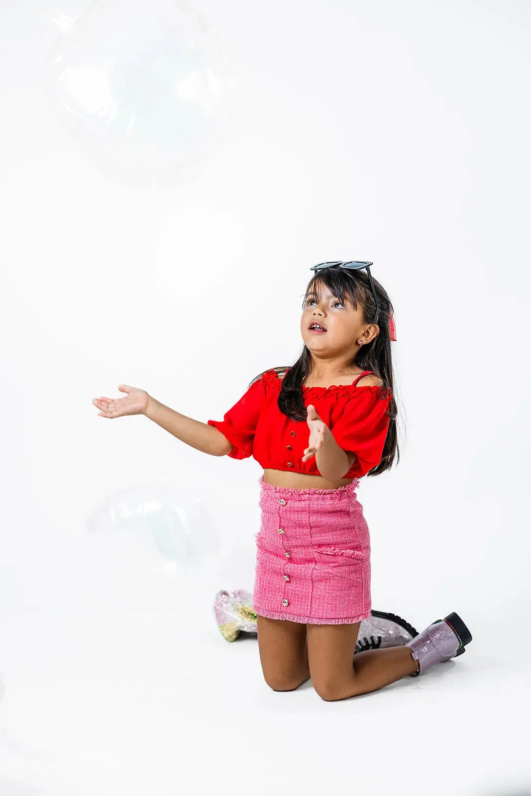 Red Crop Top and Skirt Set for Girls - Boucle Plaid Pink Skirt Outfit (Ages 2–12)