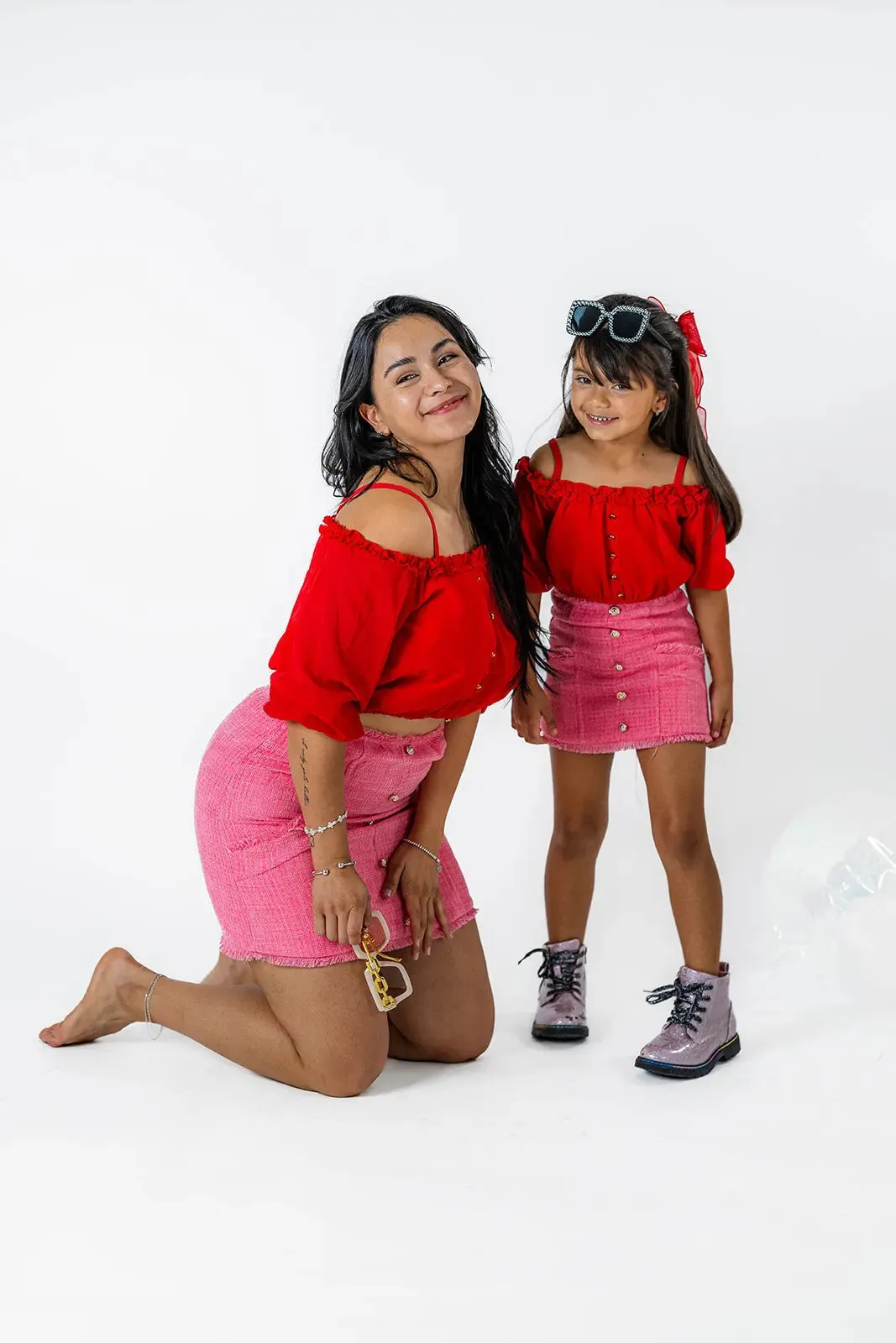 Red Crop Top and Skirt Set for Girls - Boucle Plaid Pink Skirt Outfit (Ages 2–12)