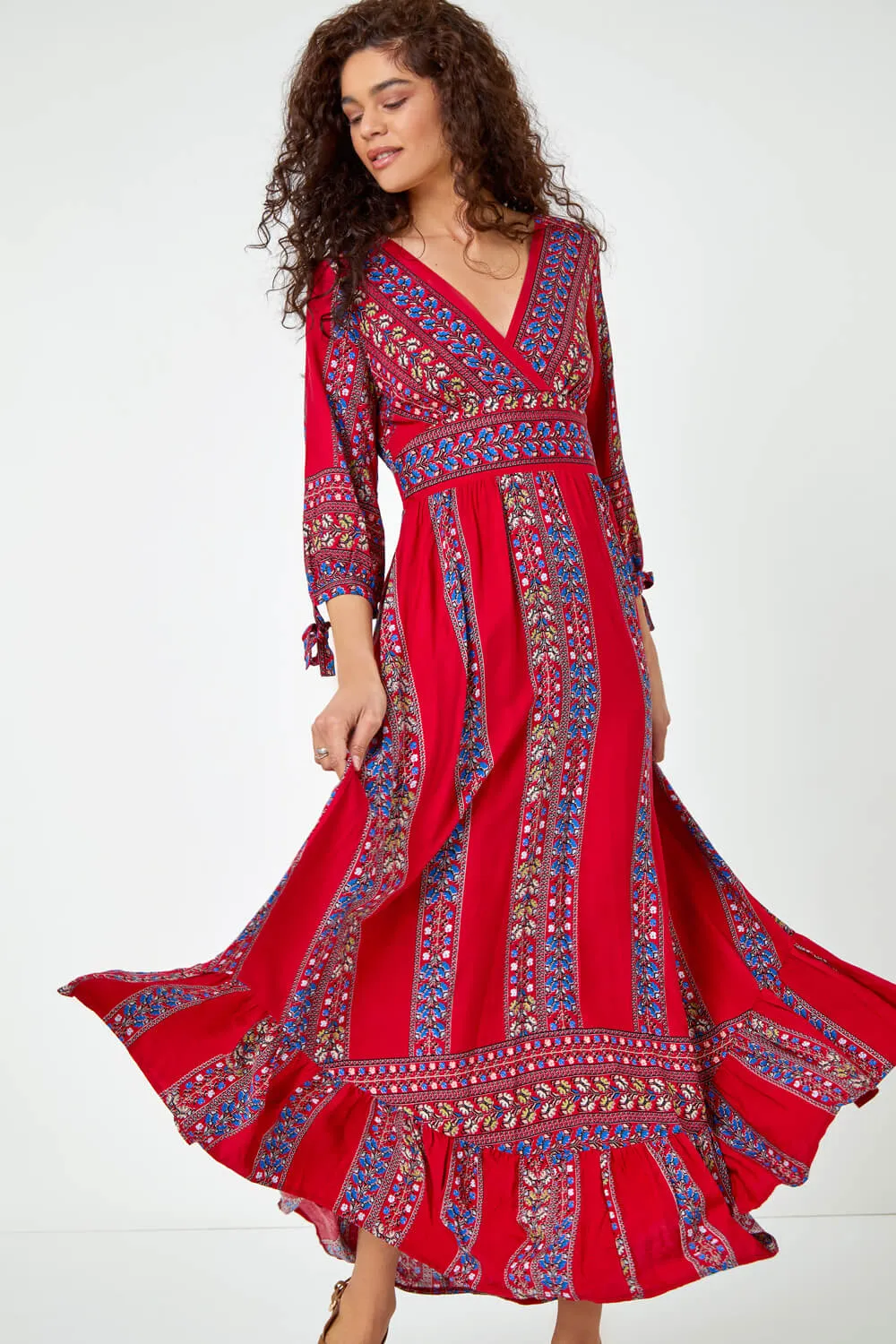 Red Floral Print Frill Hem Maxi Dress