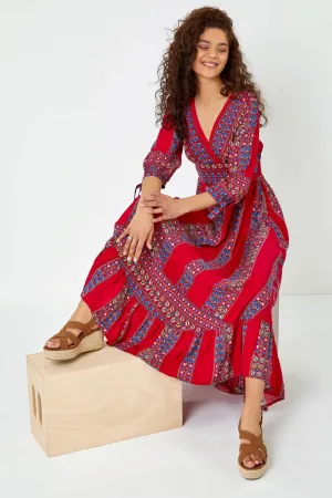 Red Floral Print Frill Hem Maxi Dress