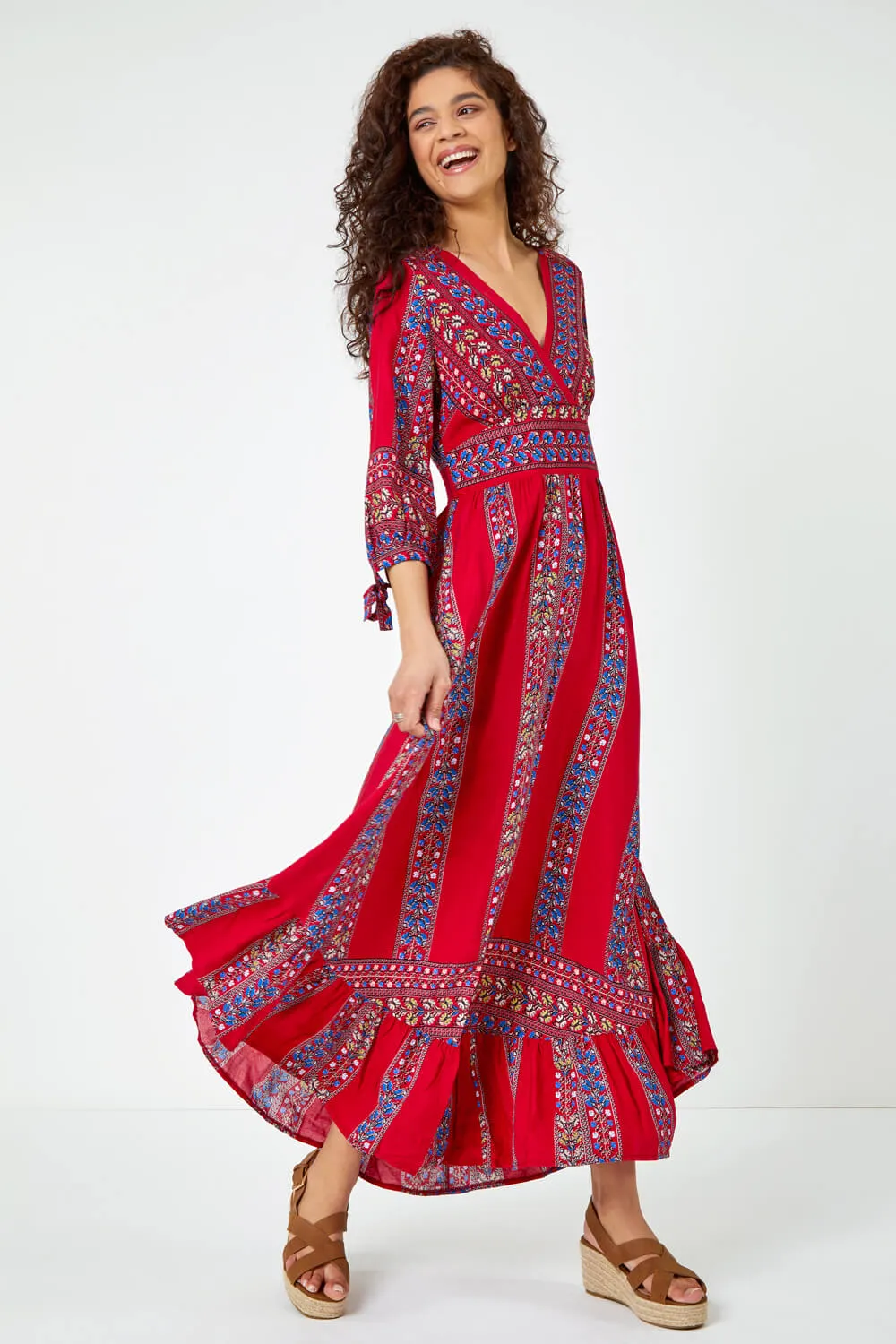Red Floral Print Frill Hem Maxi Dress