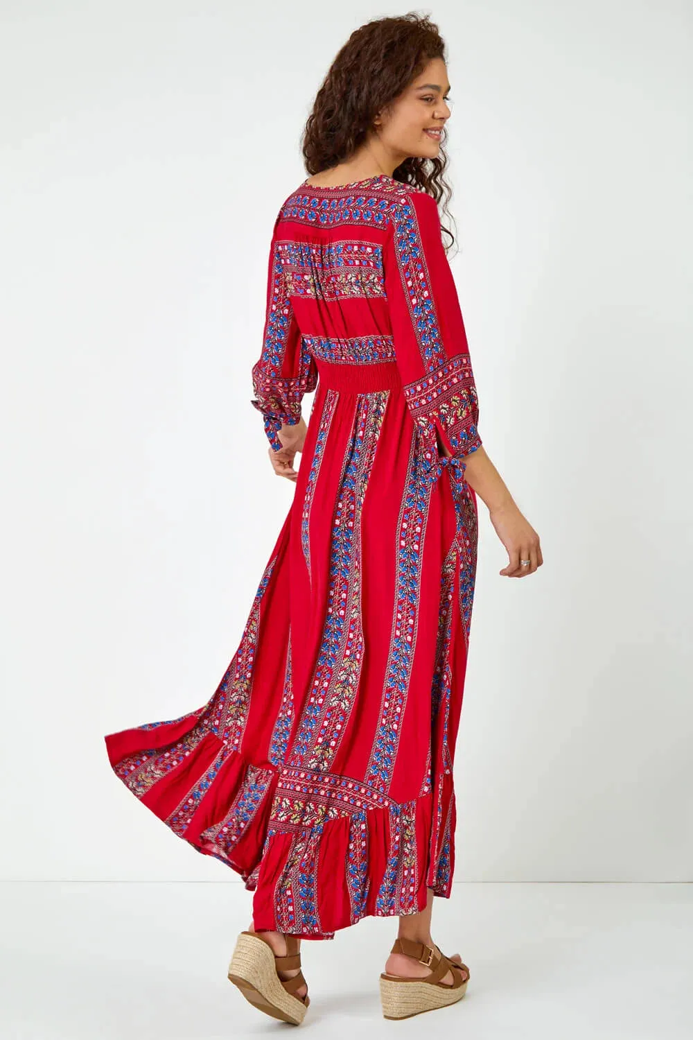 Red Floral Print Frill Hem Maxi Dress