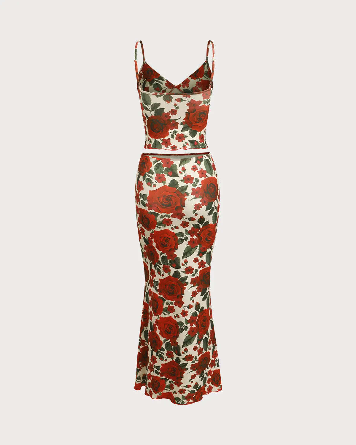 Red Floral Two Piece Skirt Set