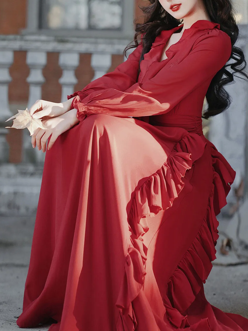 Red Rose V Neck Ruffles Long Sleeve Princess 1950S Vintage Dress