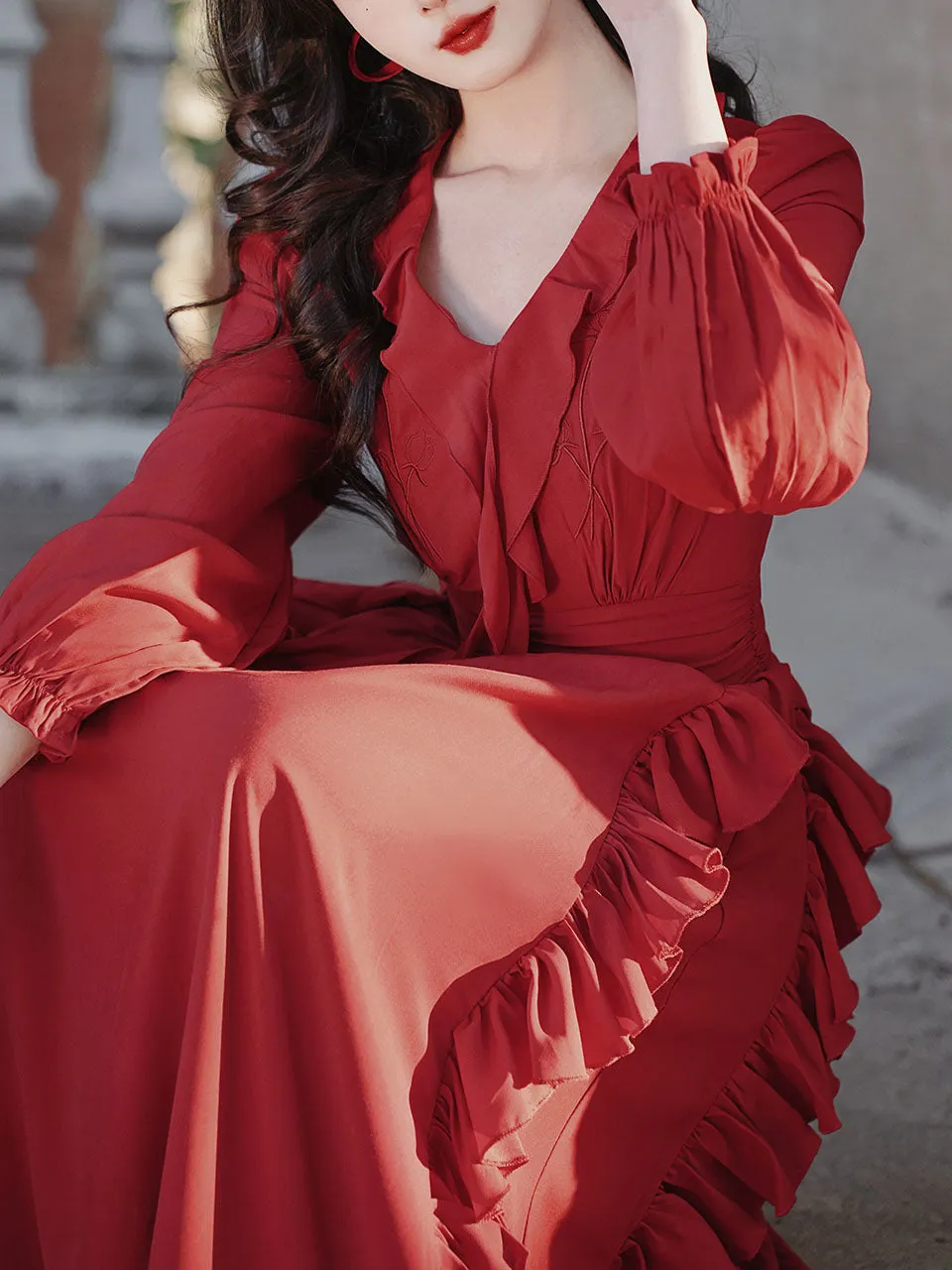 Red Rose V Neck Ruffles Long Sleeve Princess 1950S Vintage Dress