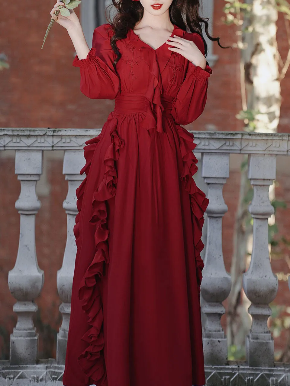 Red Rose V Neck Ruffles Long Sleeve Princess 1950S Vintage Dress