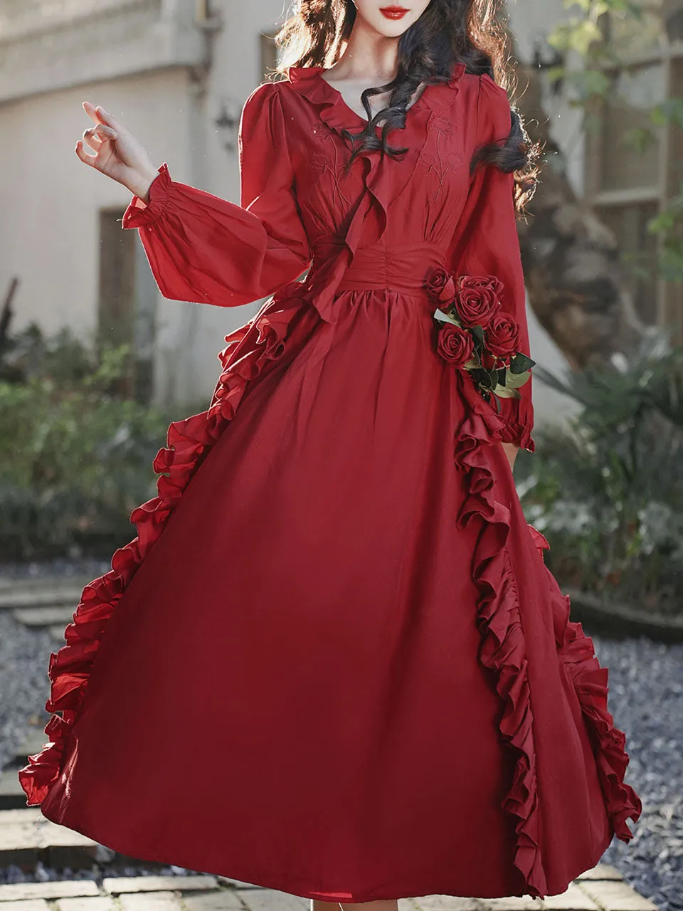 Red Rose V Neck Ruffles Long Sleeve Princess 1950S Vintage Dress