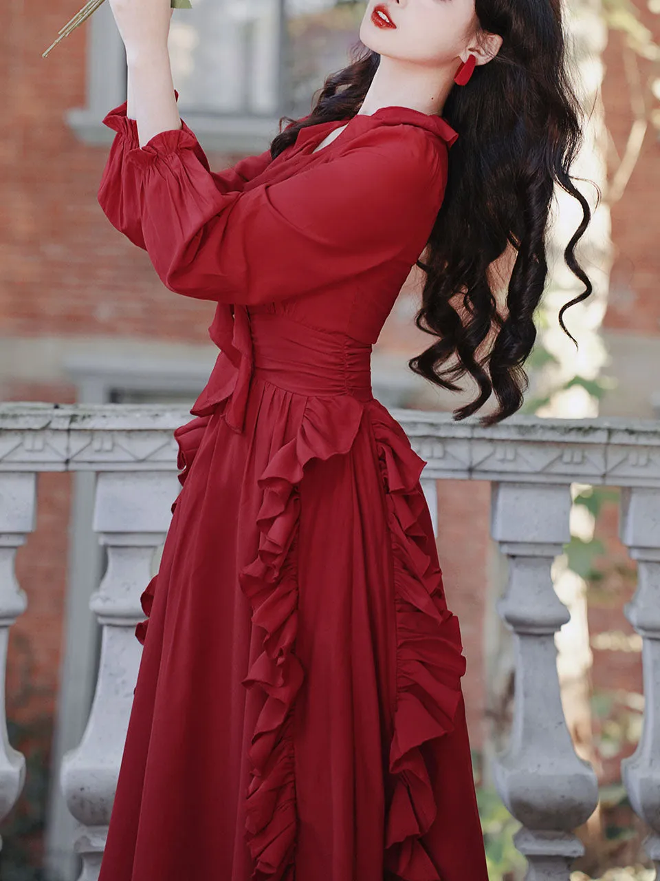 Red Rose V Neck Ruffles Long Sleeve Princess 1950S Vintage Dress
