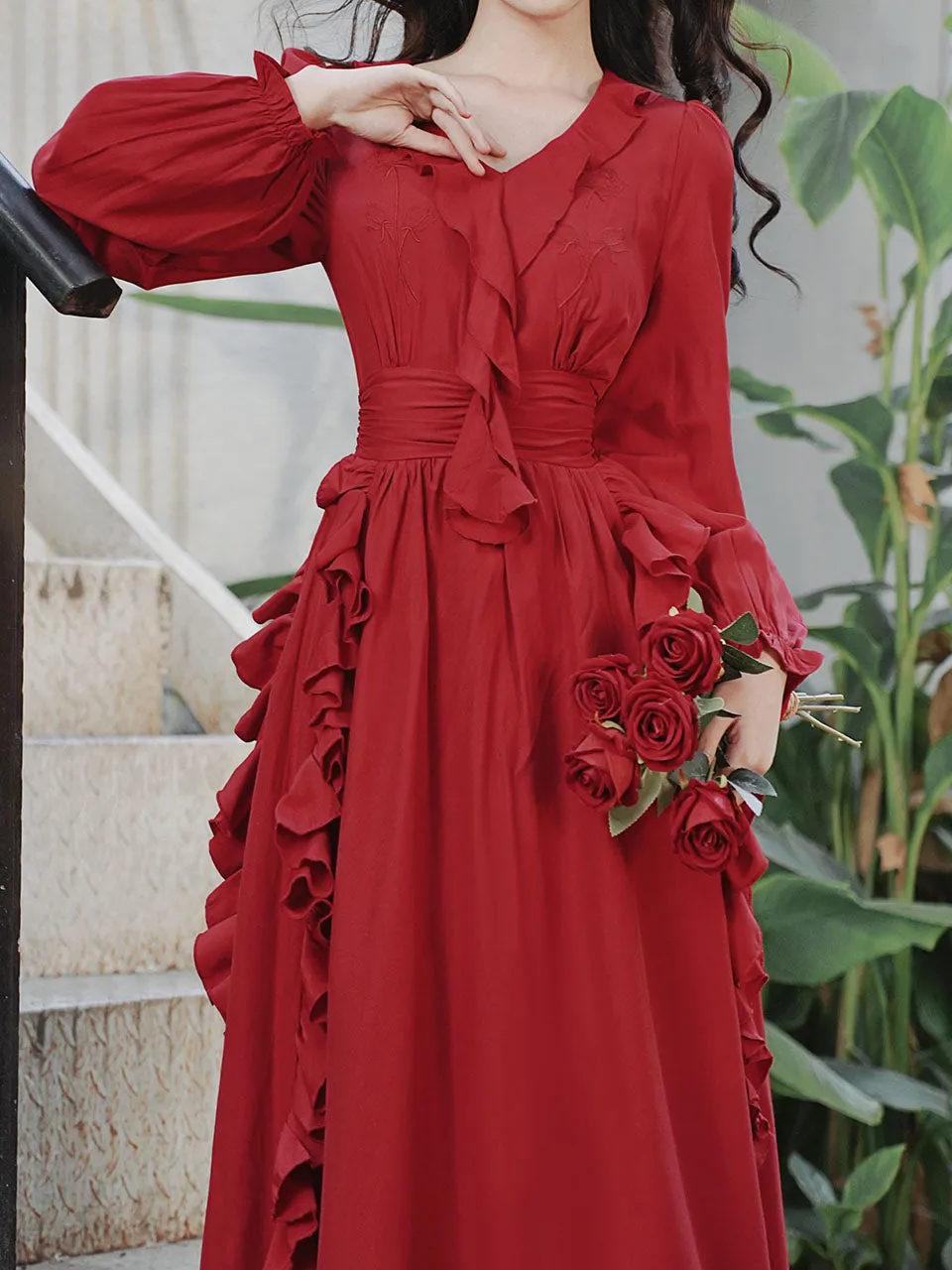 Red Rose V Neck Ruffles Long Sleeve Princess 1950S Vintage Dress