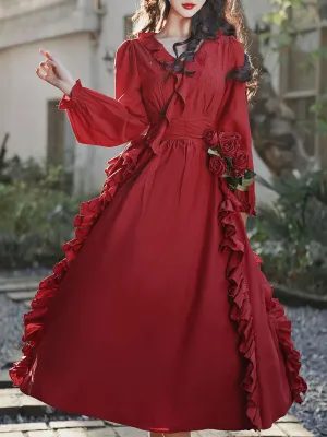 Red Rose V Neck Ruffles Long Sleeve Princess 1950S Vintage Dress