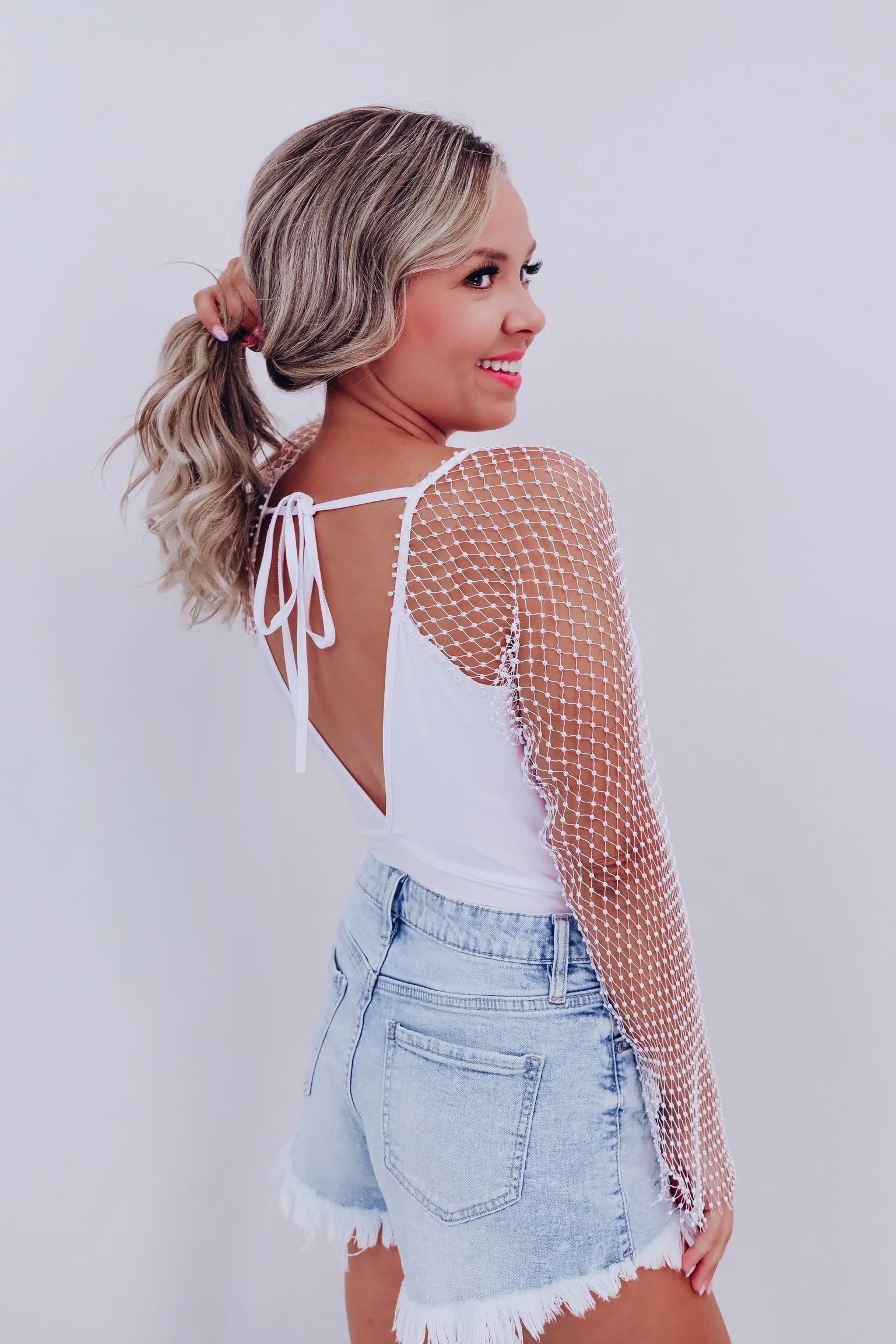 Riki Mesh Rhinestone Sleeve Bodysuit - White