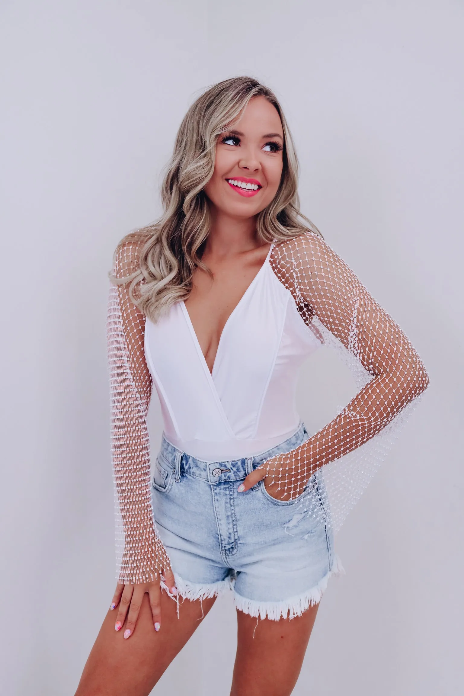 Riki Mesh Rhinestone Sleeve Bodysuit - White