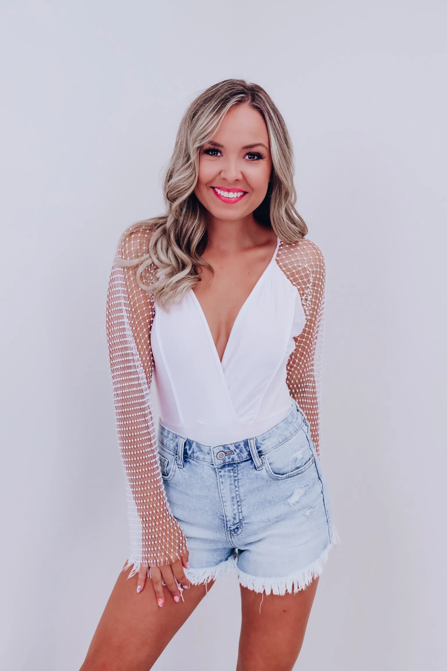 Riki Mesh Rhinestone Sleeve Bodysuit - White