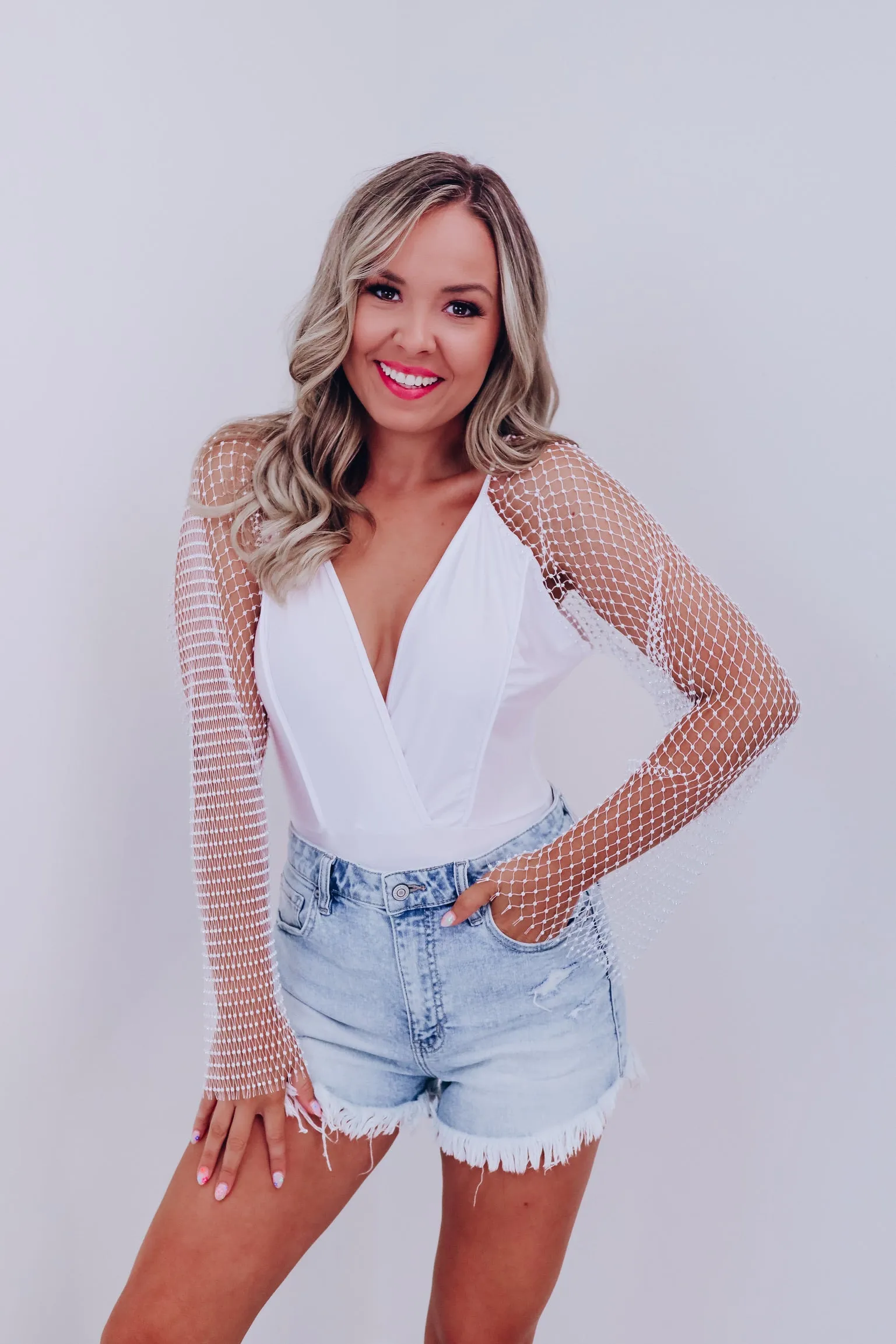 Riki Mesh Rhinestone Sleeve Bodysuit - White