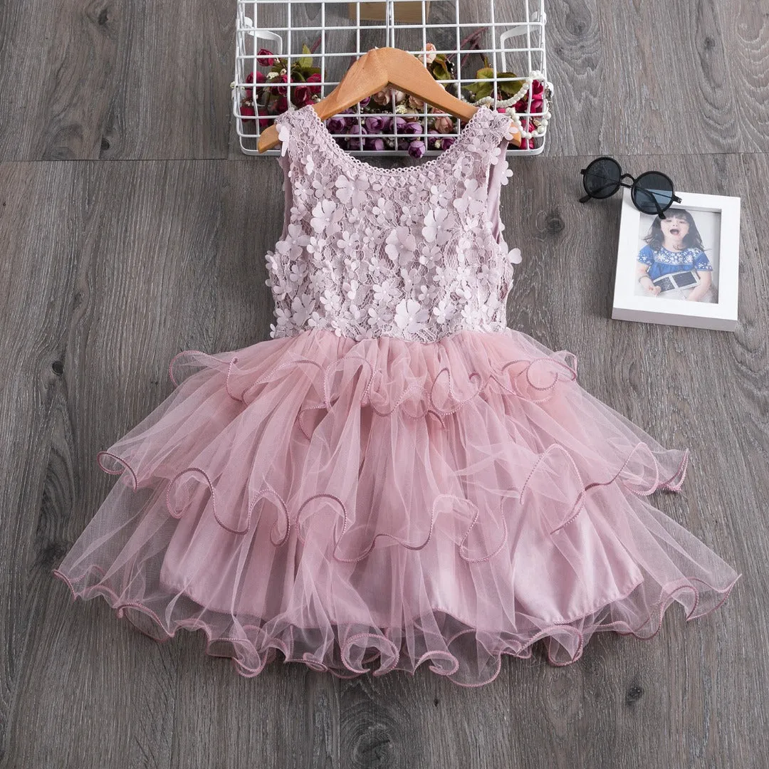 Rose  Floral Print Lace Dresses for Girls