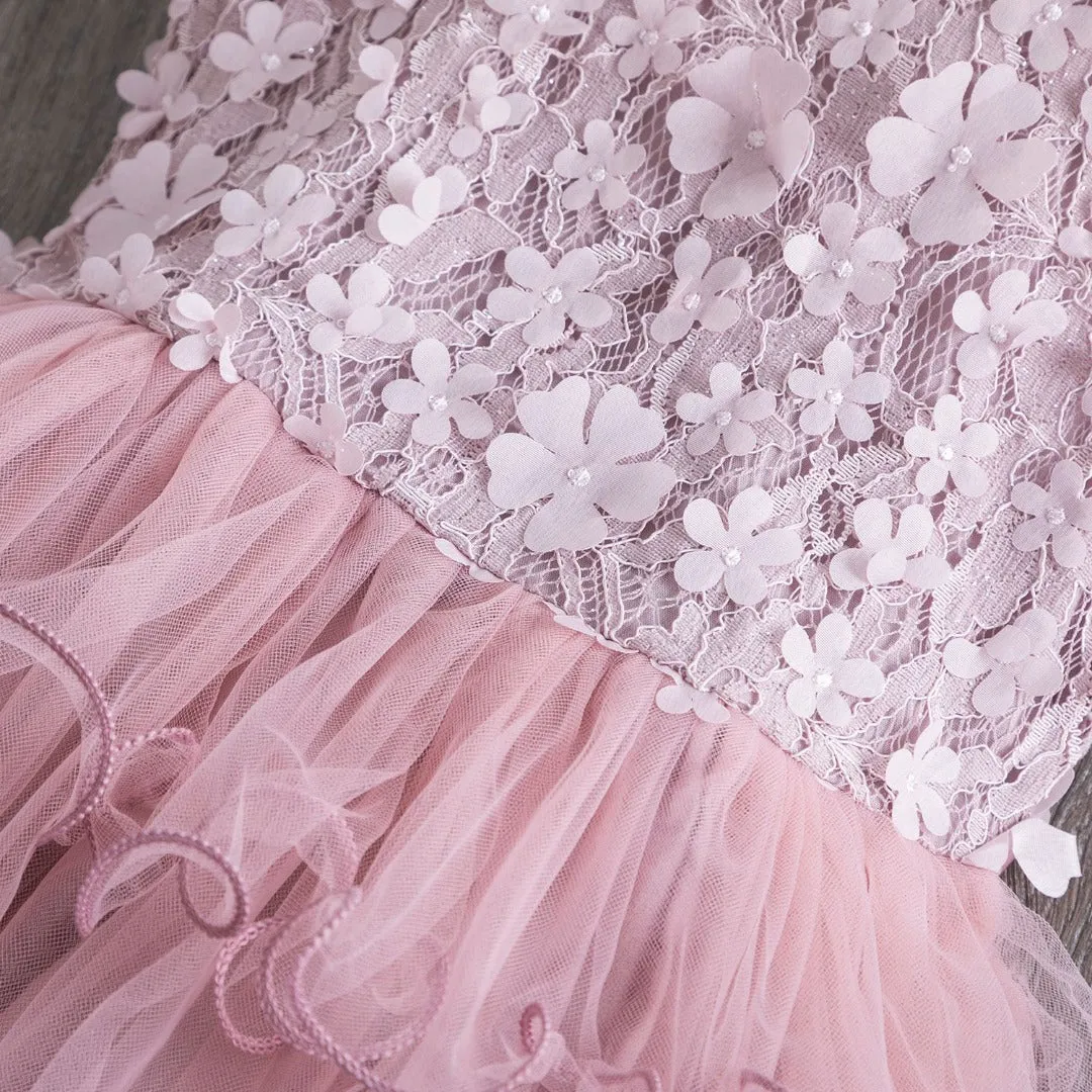 Rose  Floral Print Lace Dresses for Girls