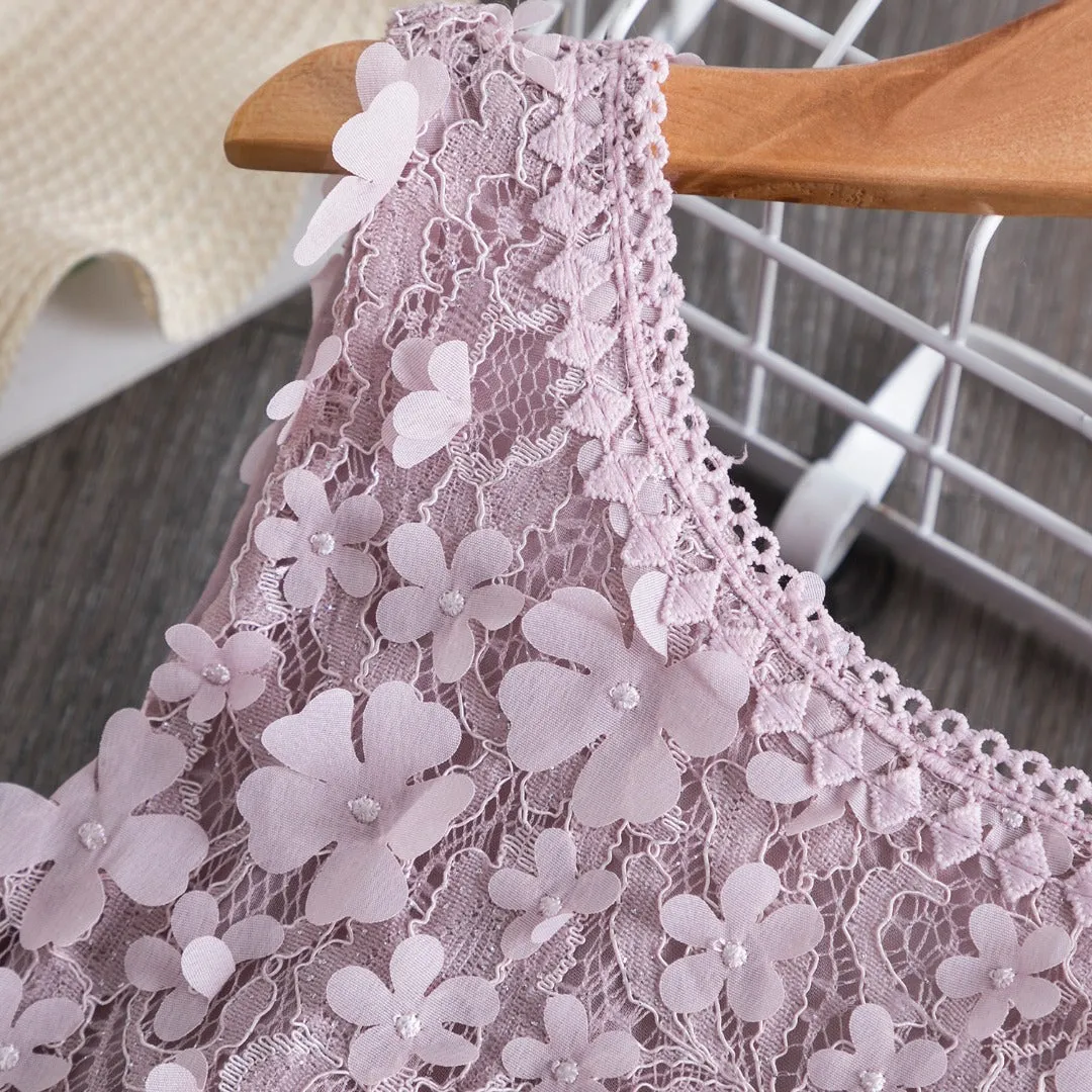 Rose  Floral Print Lace Dresses for Girls