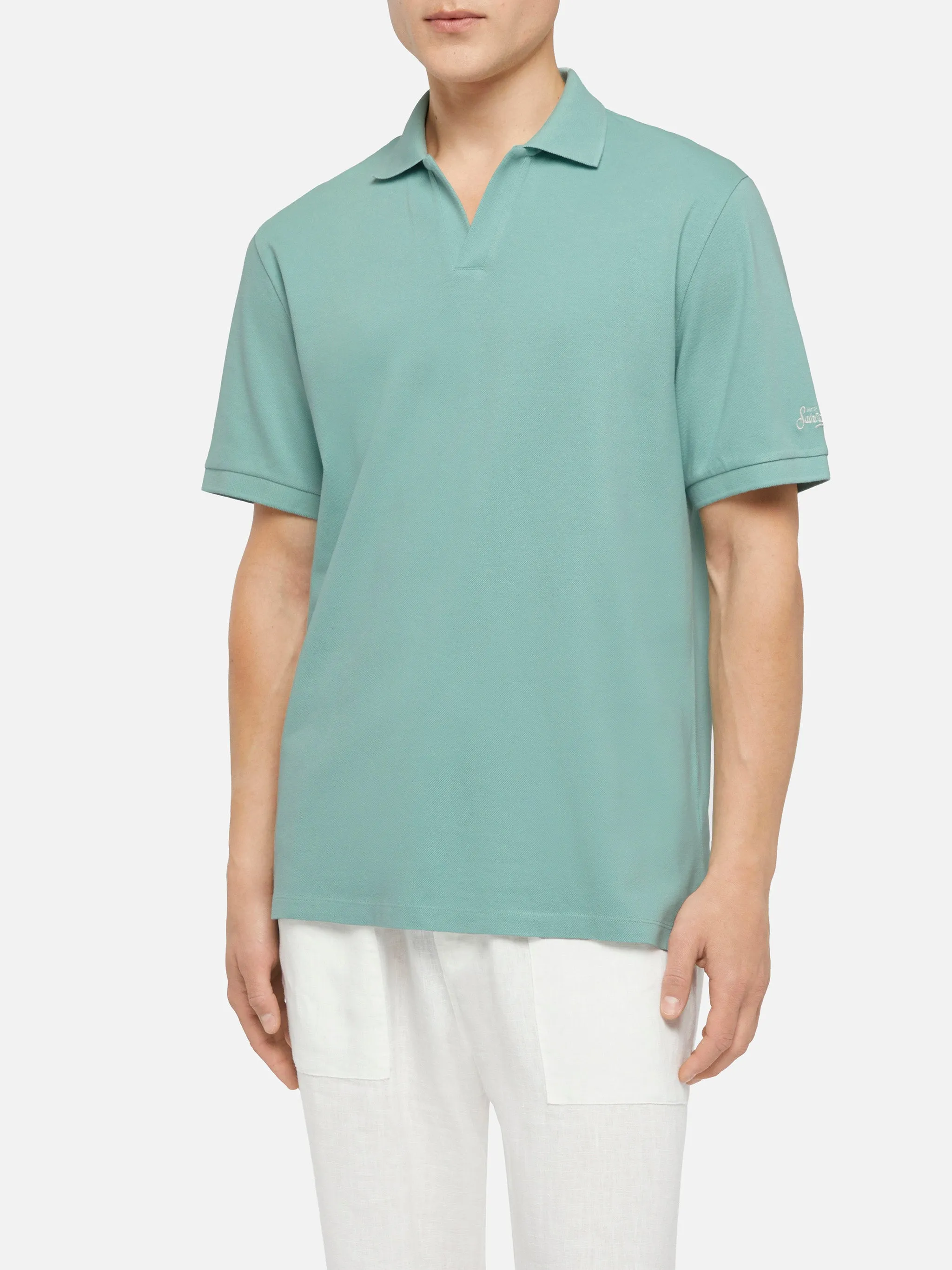 Sage green cotton piquet buttonless polo shirt Charles