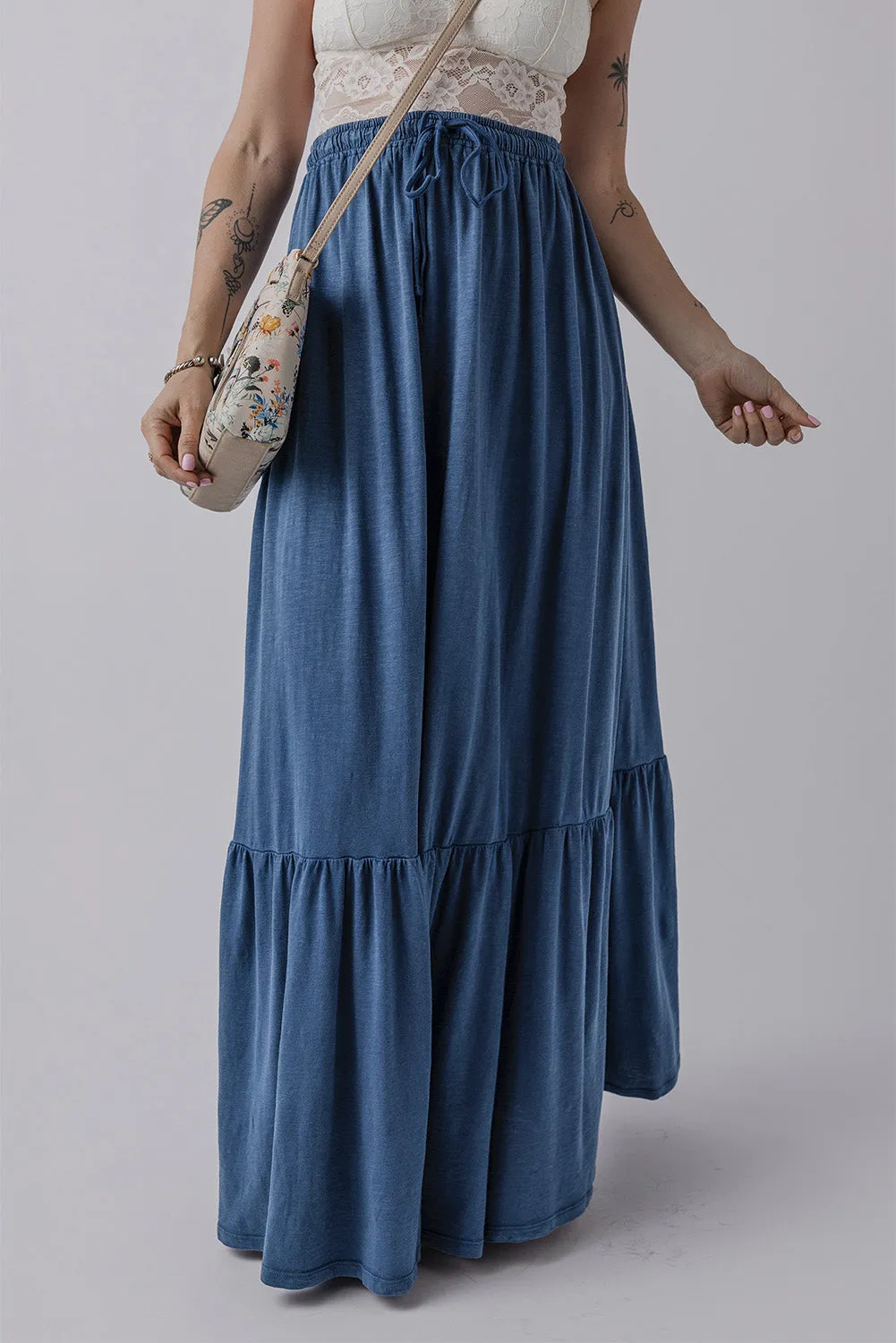 Sail Blue Solid Color Lace up High Waist Tiered Maxi Skirt