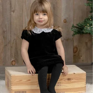 Short Sleeve Black Velvet Dress with Lace Collar