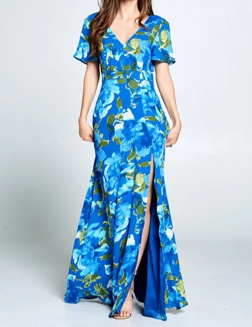 Short Sleeve Floral Maxi Dress with Slit