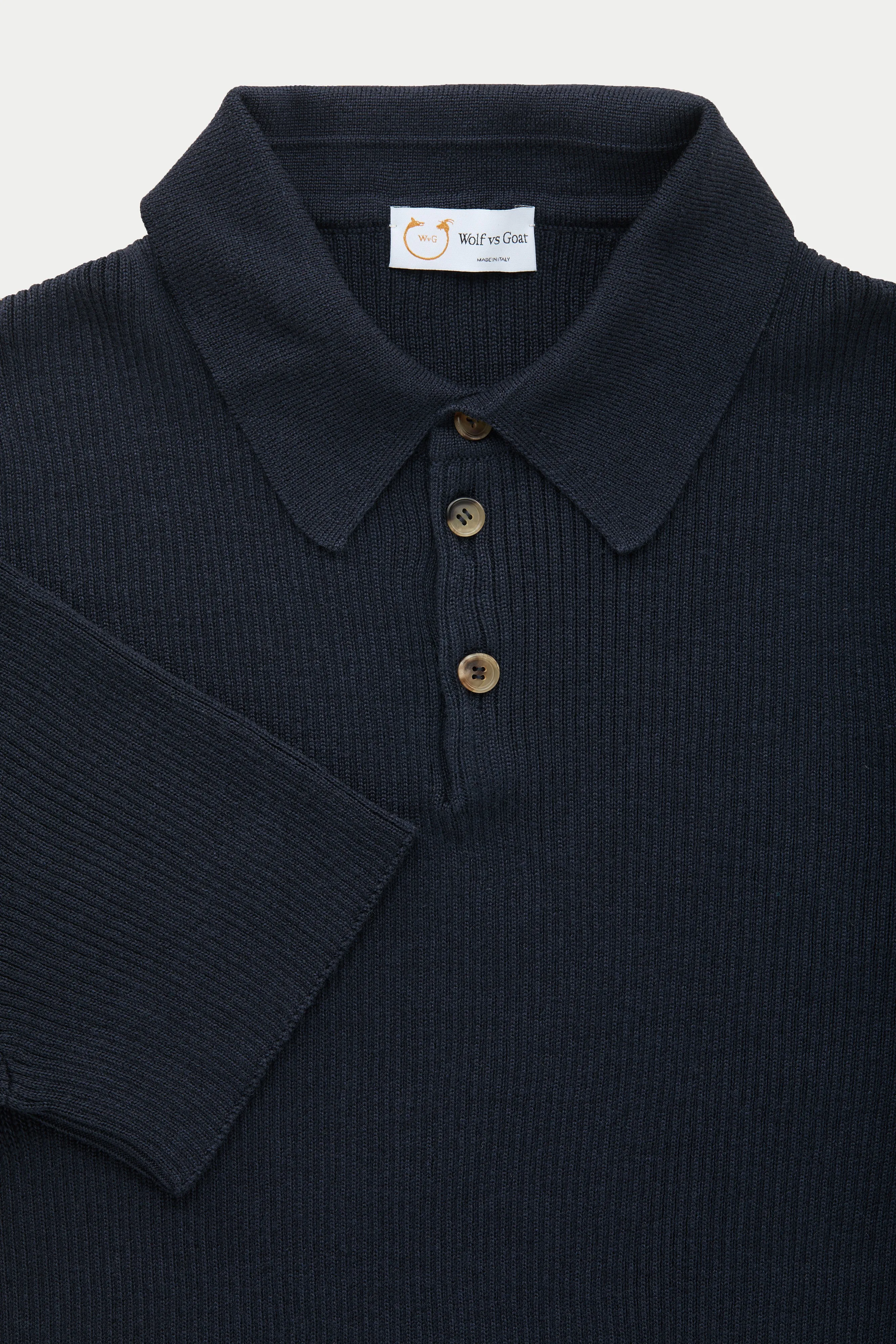 Short Sleeve Wool Silk Rich Boy Knitted Polo Dark Navy