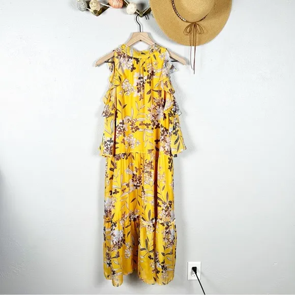Shoshanna Elena Cold Shoulder Yellow Silk Floral Maxi Dress Size 8