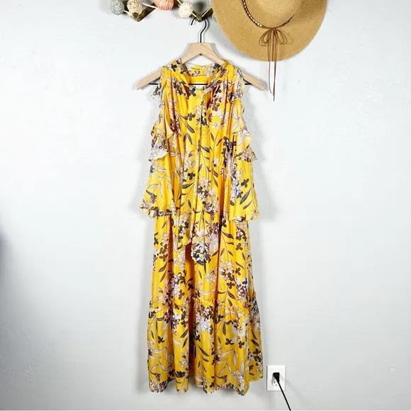 Shoshanna Elena Cold Shoulder Yellow Silk Floral Maxi Dress Size 8