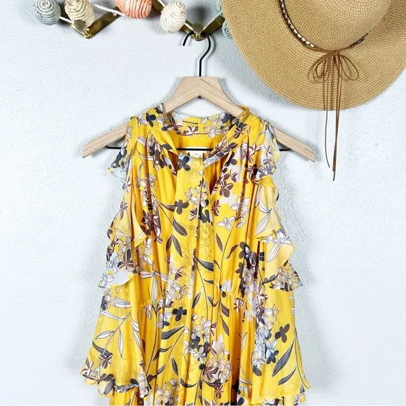 Shoshanna Elena Cold Shoulder Yellow Silk Floral Maxi Dress Size 8