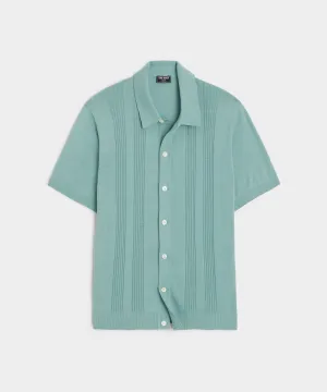 Silk Cotton Ribbed Full Placket Polo in Light Blue