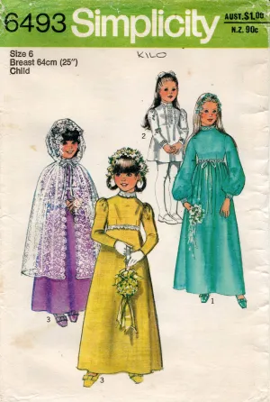 Simplicity 6493 Girls Puffy Sleeve Mini or Maxi Dress & Hooded Cape 1970s Vintage Sewing Pattern Size 6