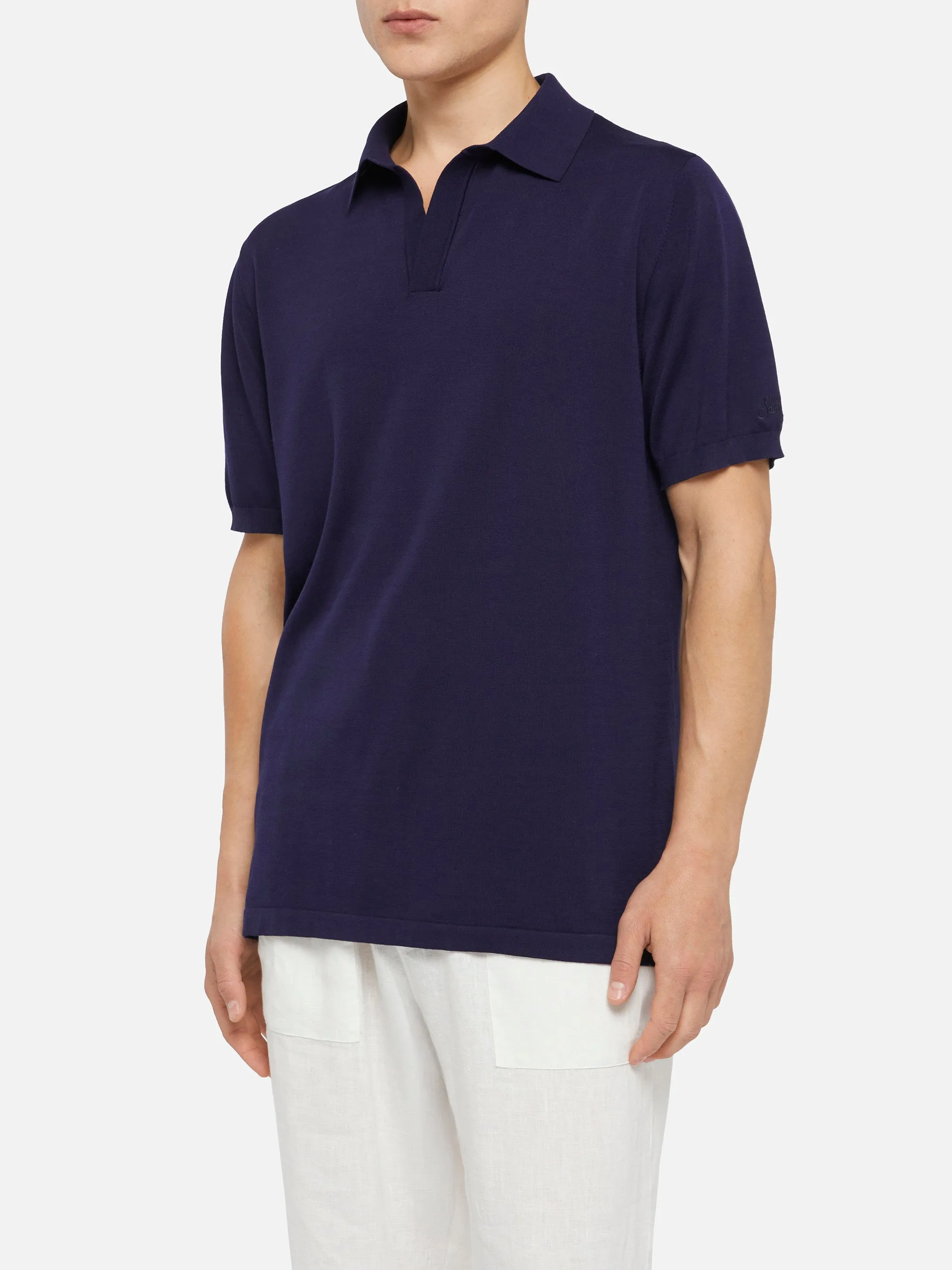 Sloan navy blue silk cotton knitted polo shirt