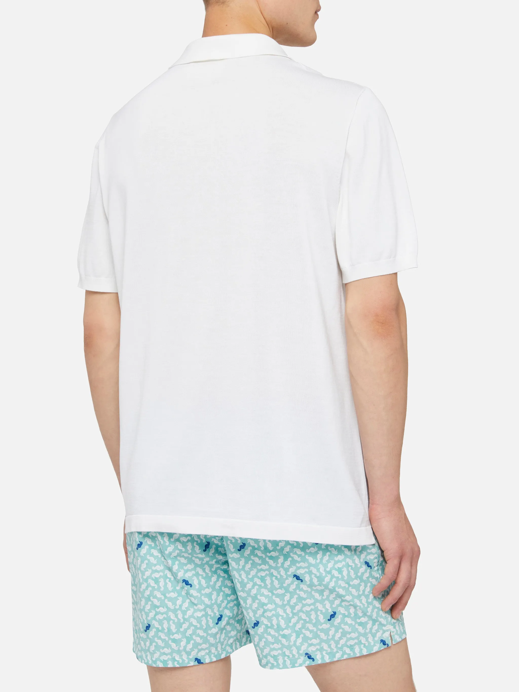 Sloan white silk cotton knitted polo shirt