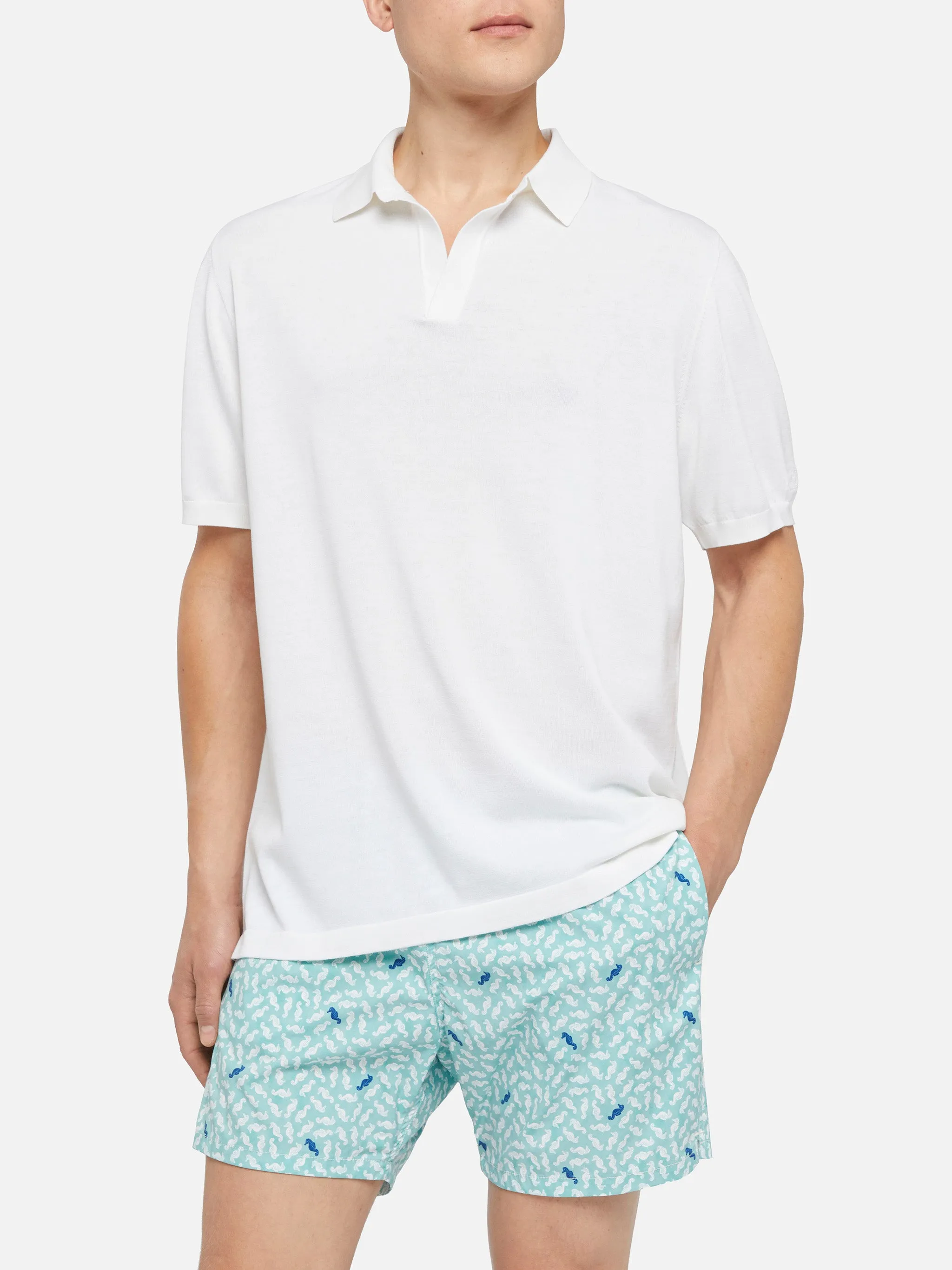 Sloan white silk cotton knitted polo shirt