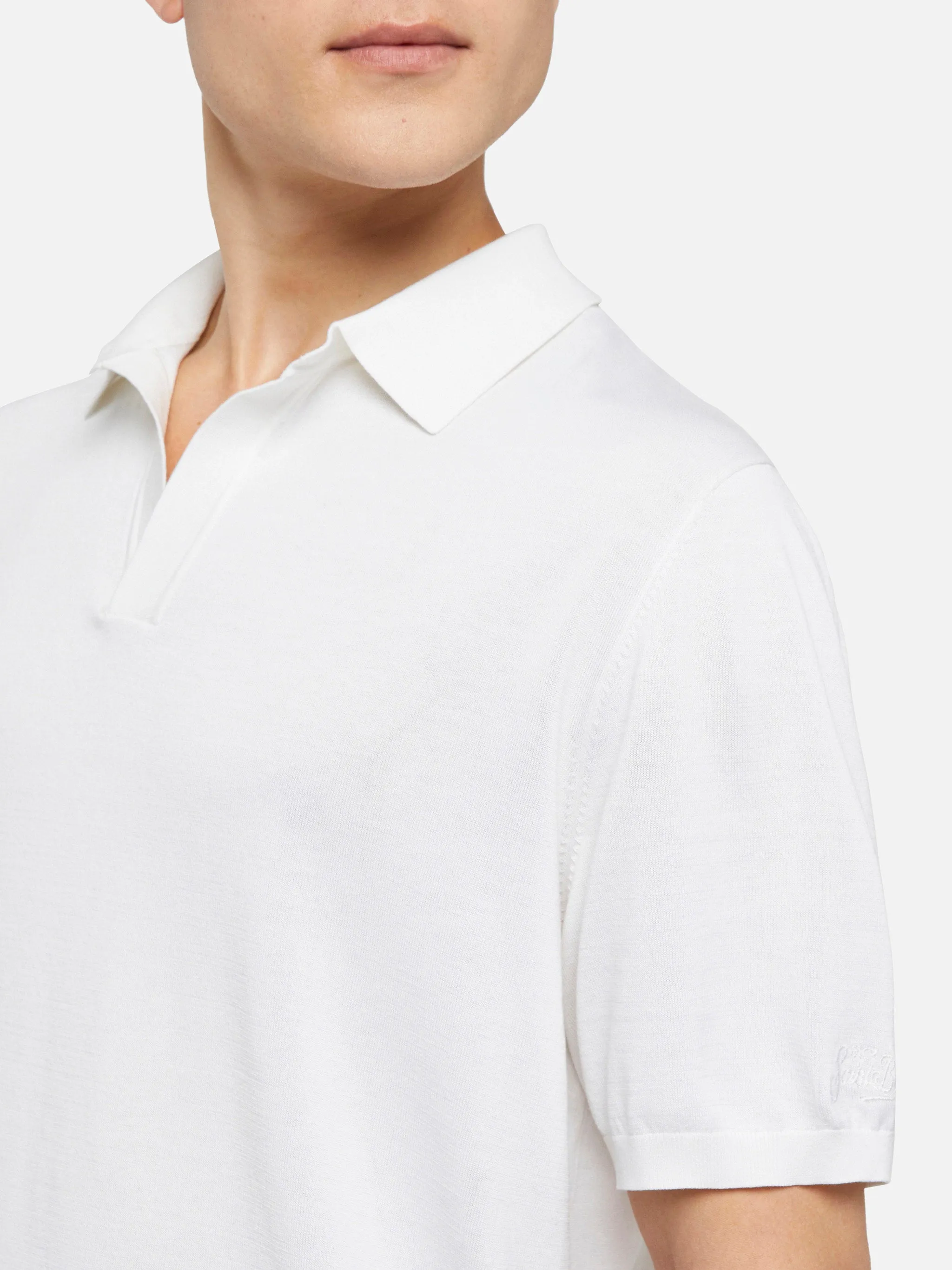 Sloan white silk cotton knitted polo shirt