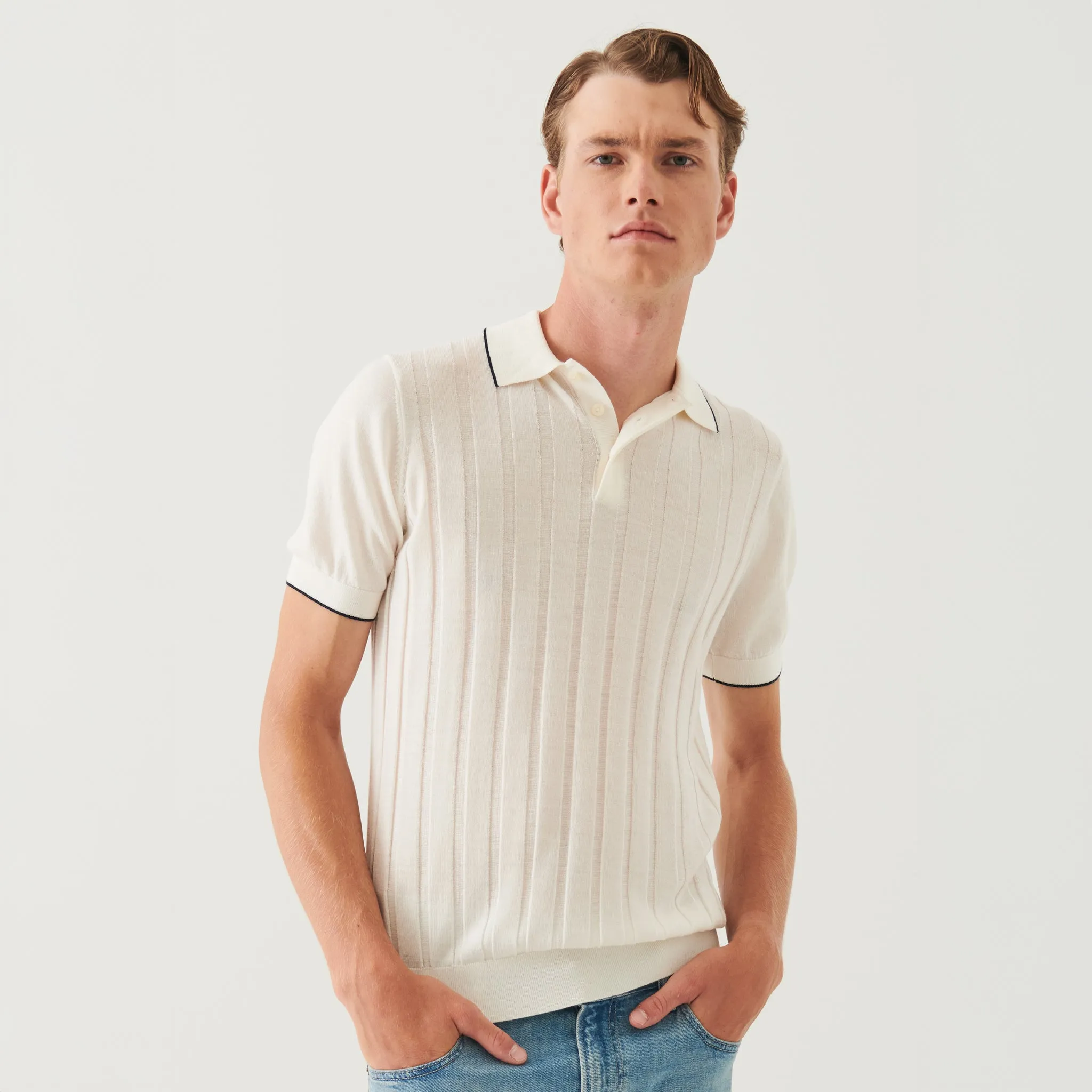 Snowflake Tipped Wool-Silk Drop Needle Short Sleeve Polo Shirt - Patrick Assaraf
