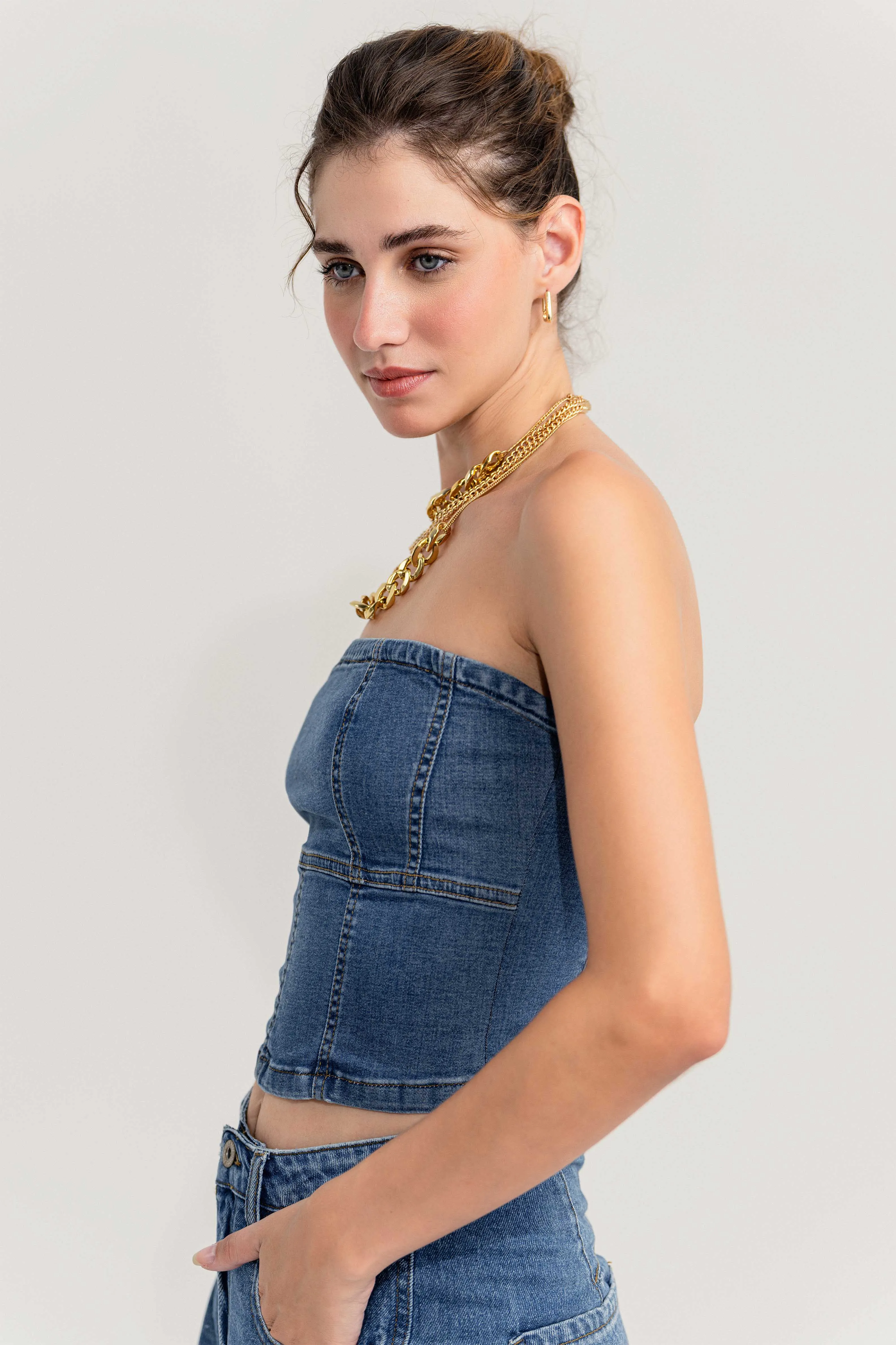 Stone Wash Bandeau Denim Top