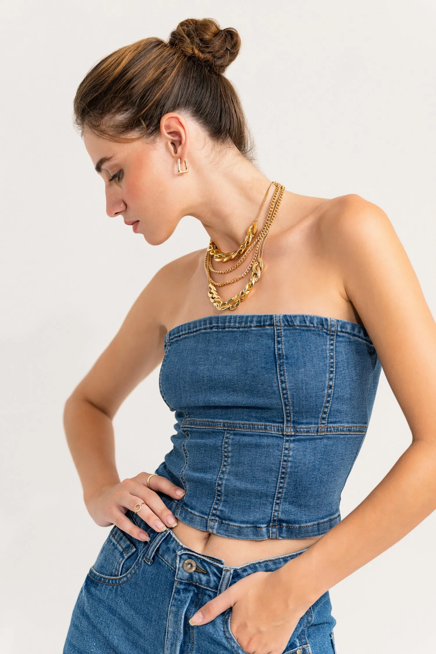 Stone Wash Bandeau Denim Top