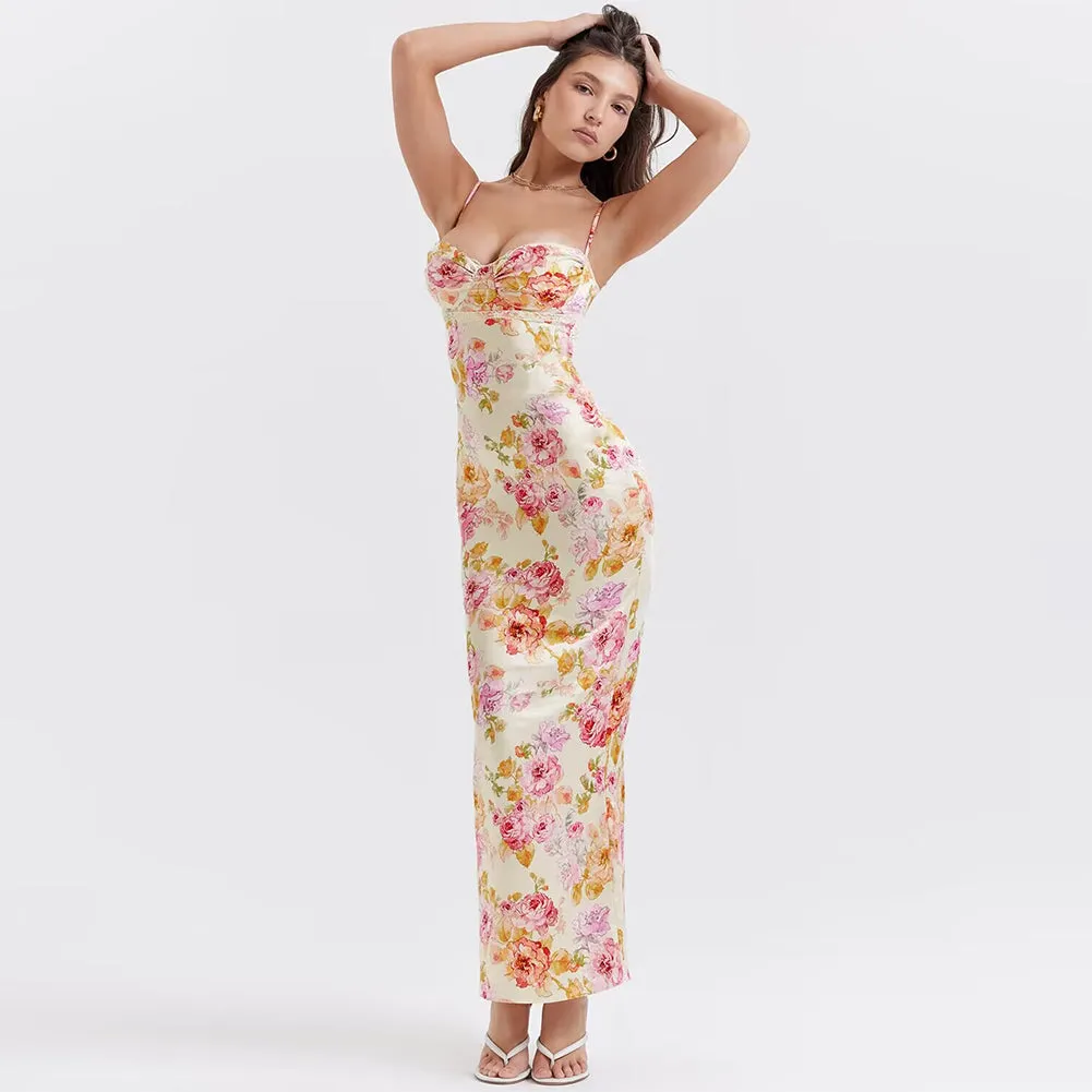 Strappy Sleeveless Floral Maxi Bodycon Dress HI1409