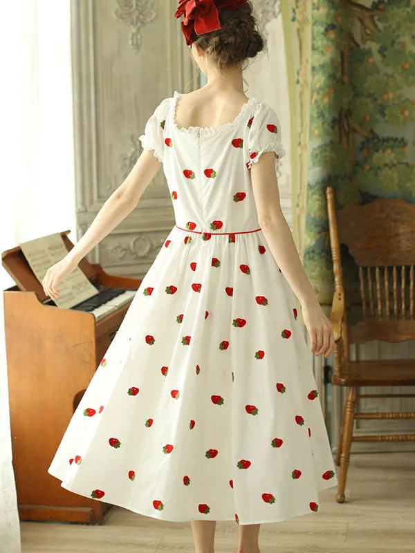 Strawberry  Embroidered Puff Sleeve Vintage Cotton Dress
