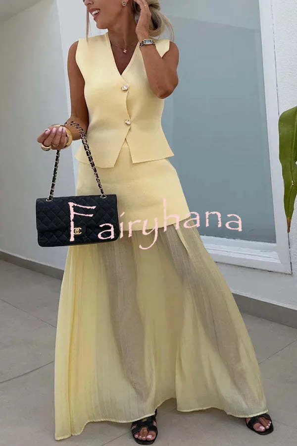 Stylish and Elegant Knit Spliced Tulle Elastic Waist Pleated Maxi Skirt