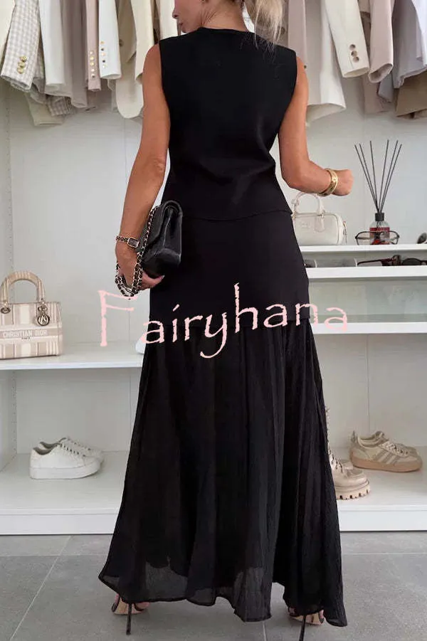 Stylish and Elegant Knit Spliced Tulle Elastic Waist Pleated Maxi Skirt