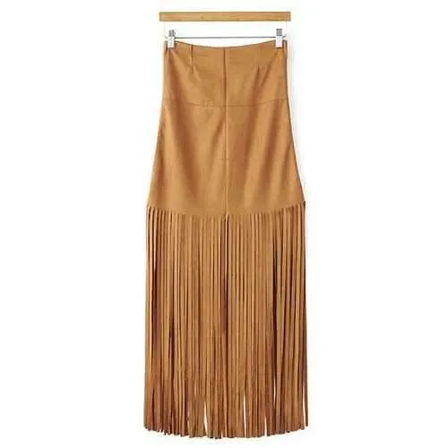 Stylish High Waisted Tassels Spliced Women's Skirt - Khaki L