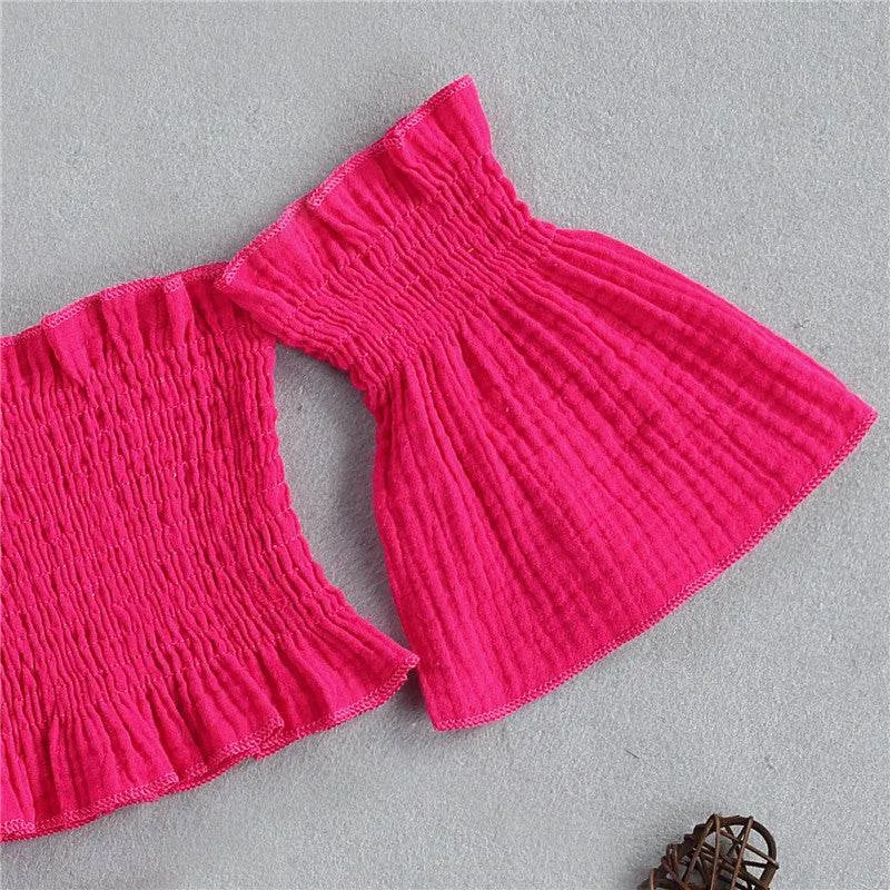 Summer Girls' Suit One-Shoulder Folds Flared Sleeve Shorts Three-Piece Shorts
